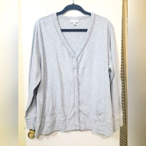 Fashion Bug size2X Gray Button Down Cardigan Sweater Front Pockets 100% Cotton